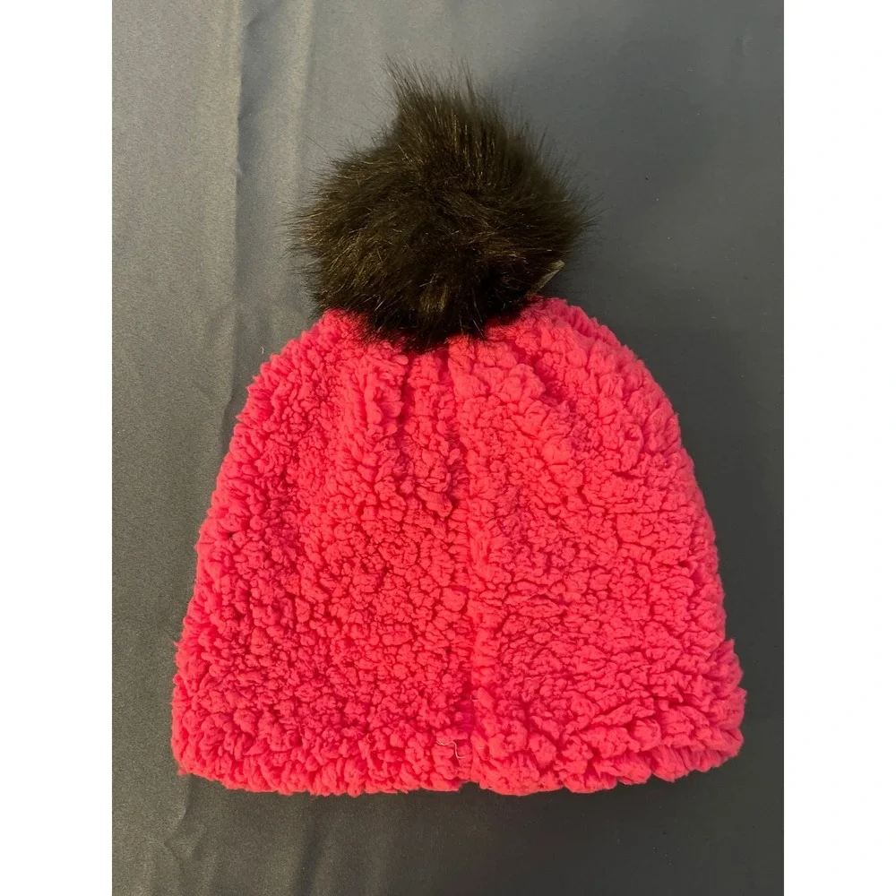 Justice Girls Hot Pink Sherpa Beanie Hat Black Faux Fur Pom Pom One‎ Size NEW